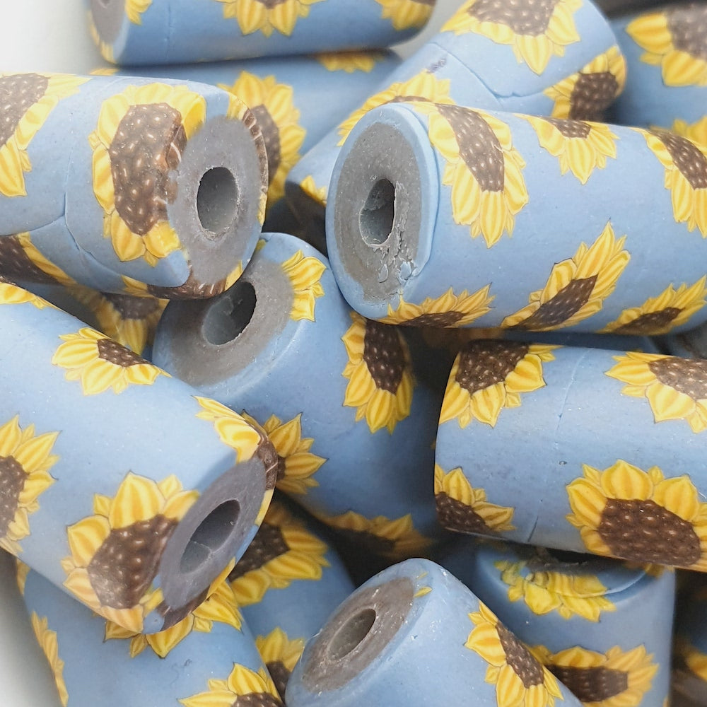 18mm Tube Fimo Beads (10) - Sunflower on Blue Background