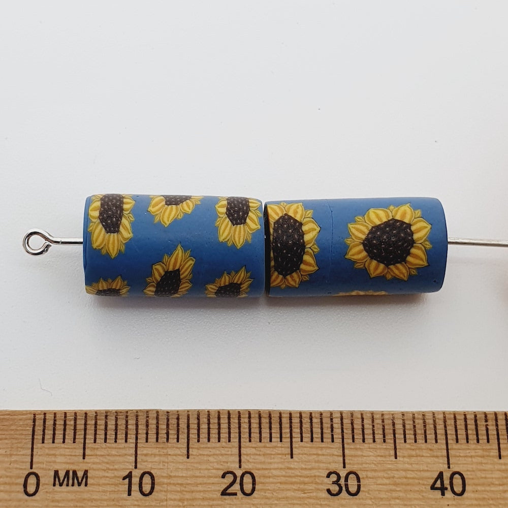 18mm Tube Fimo Beads (10) - Sunflower on Blue Background