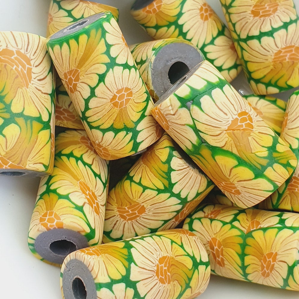 18mm Tube Fimo Beads (10) - Yellow Flower on Green