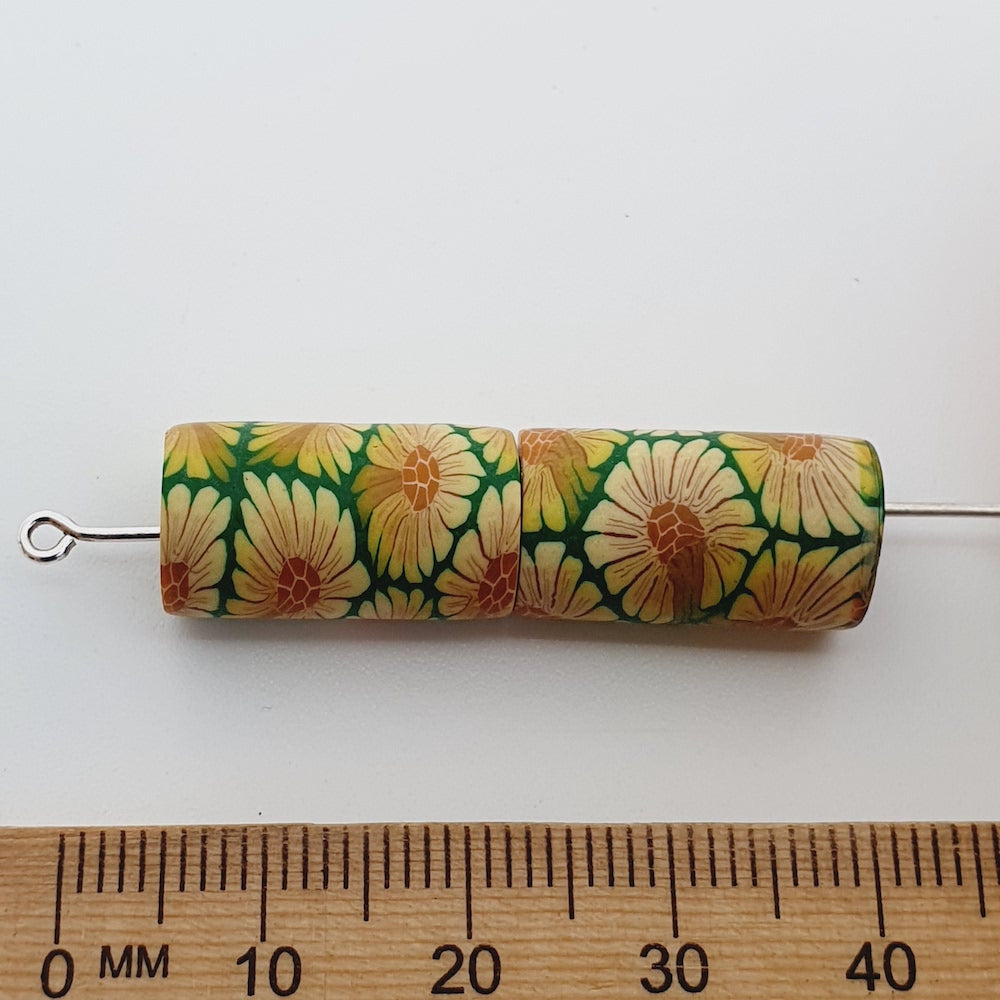 18mm Tube Fimo Beads (10) - Yellow Flower on Green
