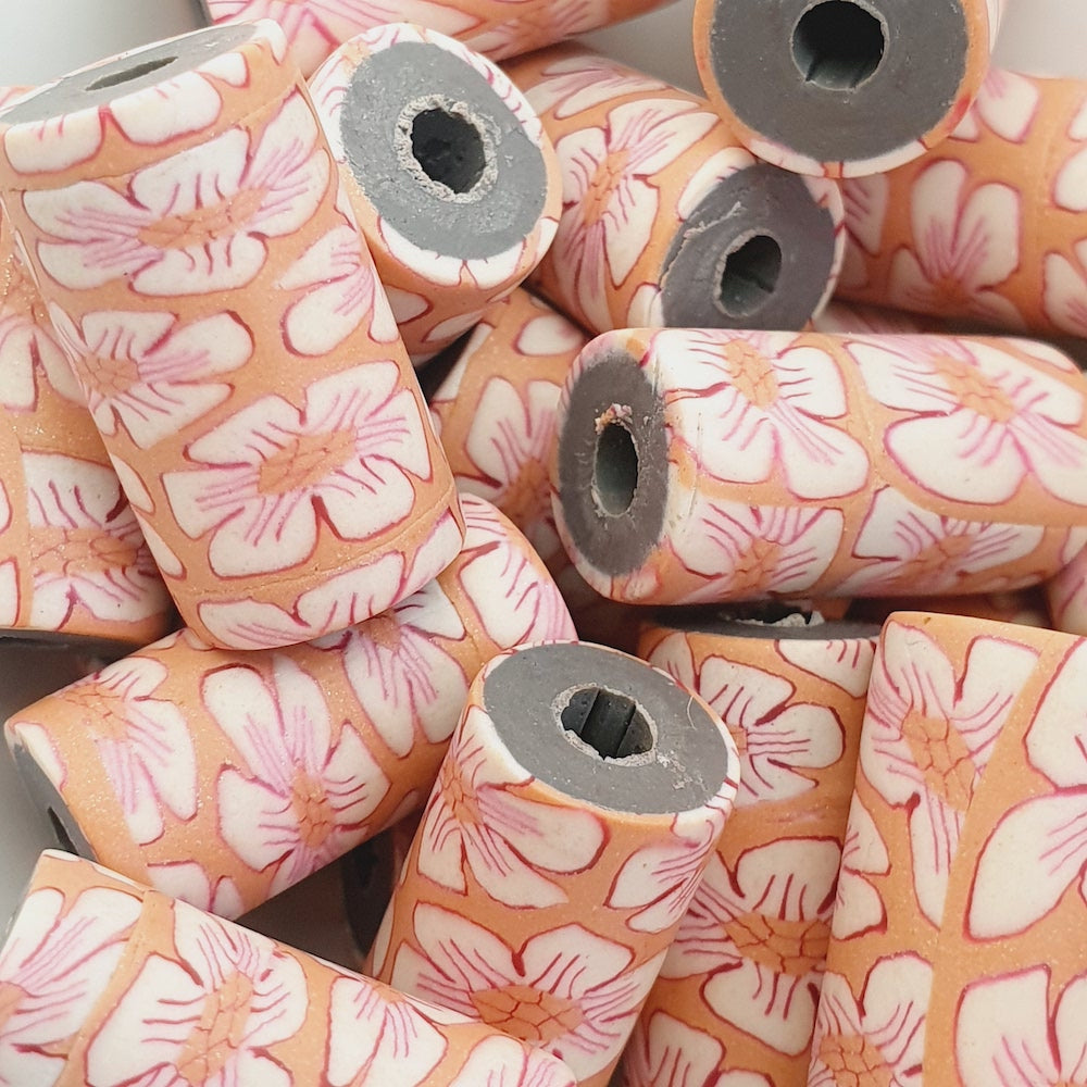18mm Tube Fimo Beads (10) - White Flower on Pink