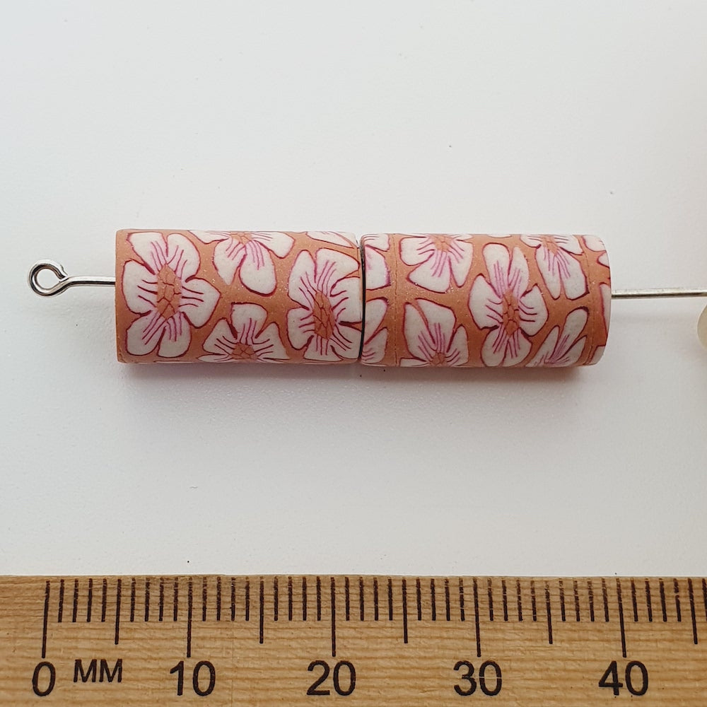 18mm Tube Fimo Beads (10) - White Flower on Pink