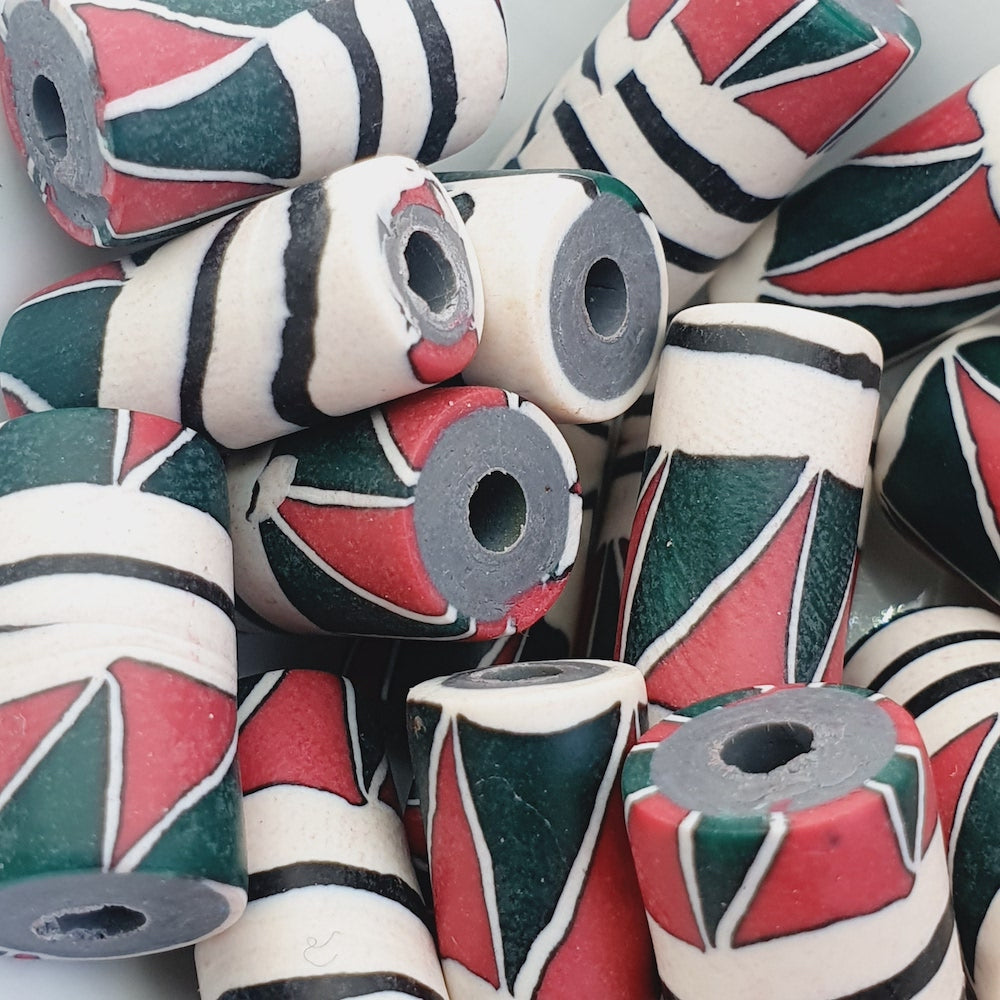 18mm Tube Fimo Beads (10) - Red/Green Interlocking Triangles