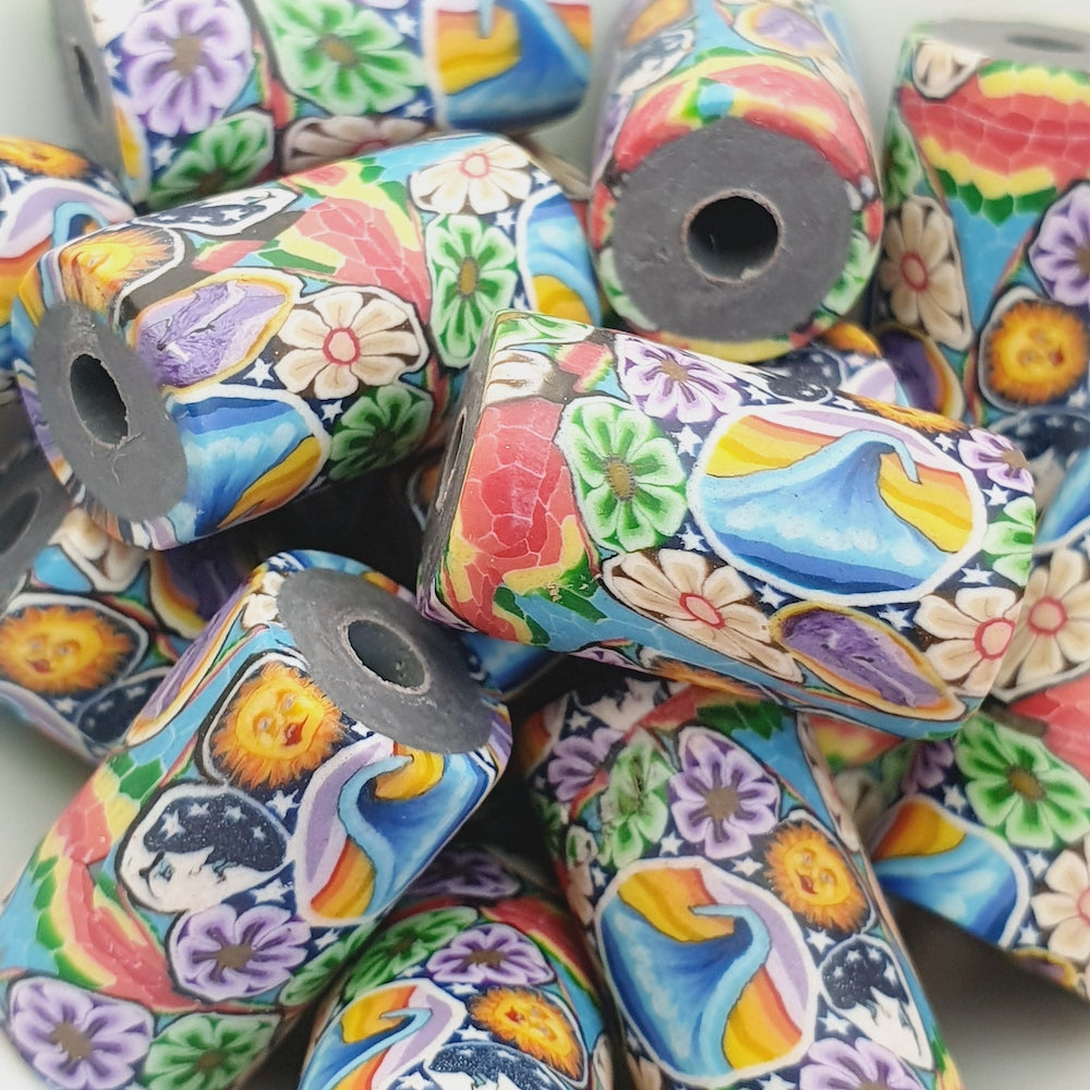 18mm Tube Fimo Beads (10) - Wave w. Flowers