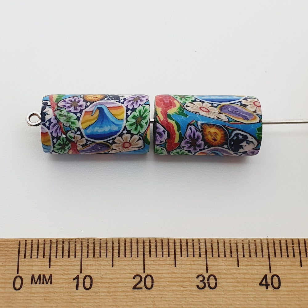 18mm Tube Fimo Beads (10) - Wave w. Flowers