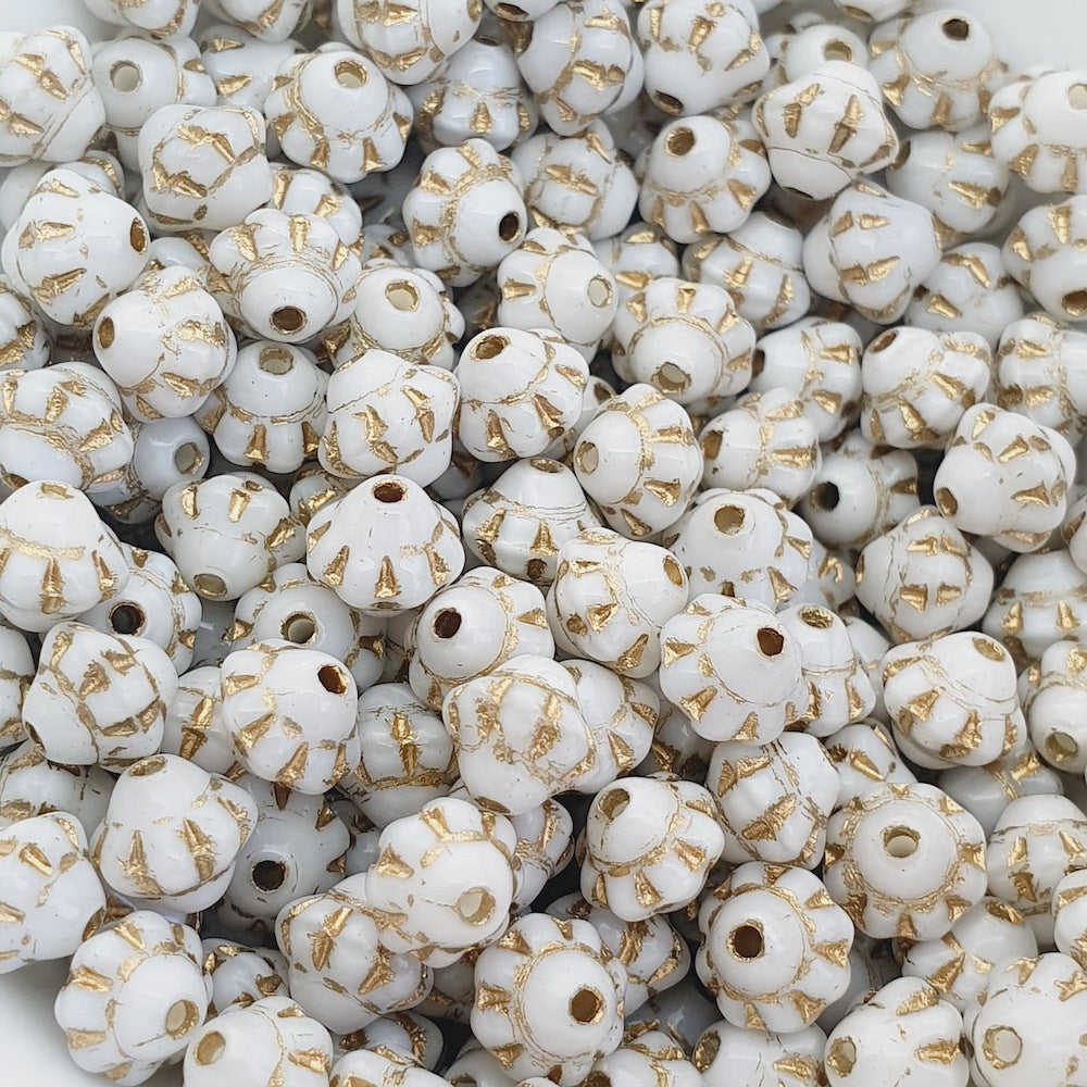 6mm Capped Bicone (50) - White Opaque w. Gold - Vintage Czech Glass Beads
