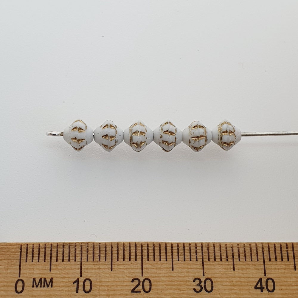 6mm Capped Bicone (50) - White Opaque w. Gold - Vintage Czech Glass Beads