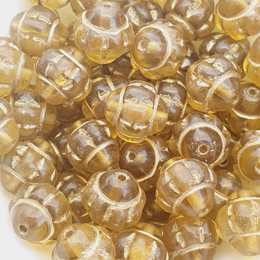 10mm Capped Bicone (10) - Transparent Amber w. Gold - Vintage Czech Glass Beads