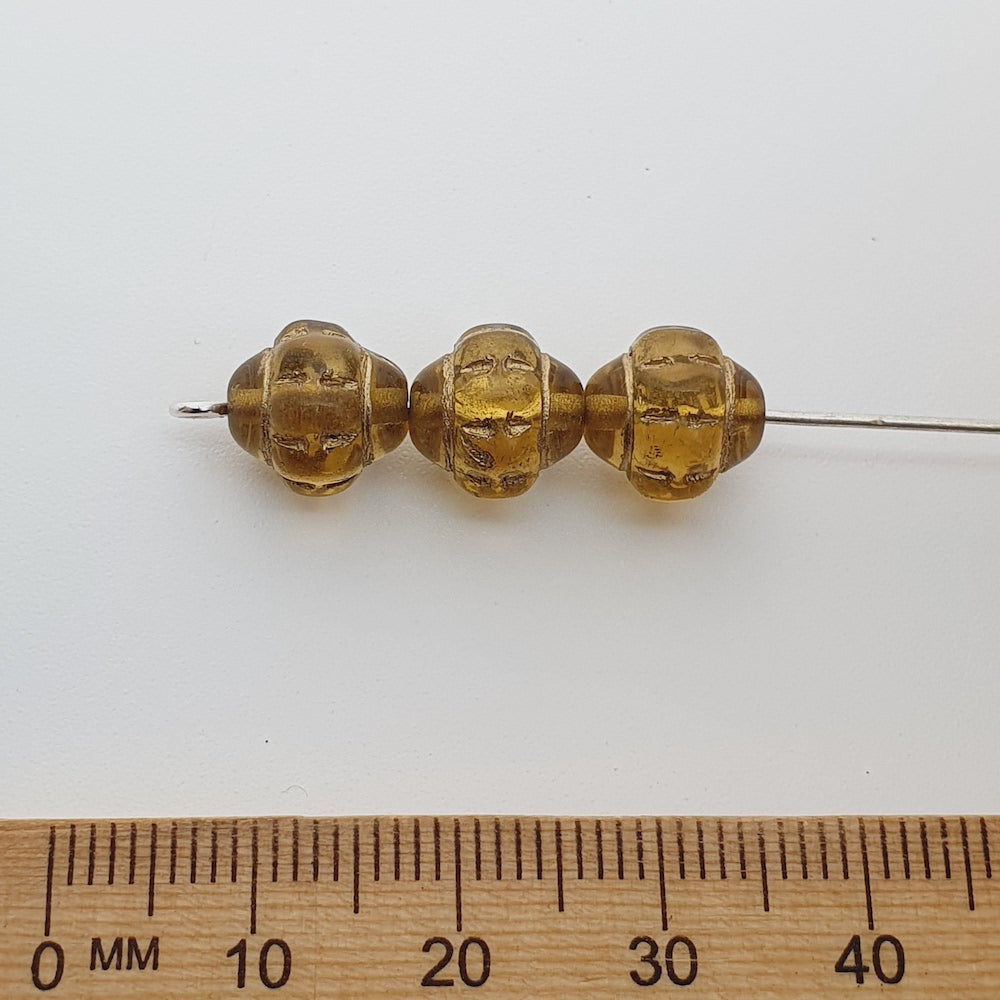 10mm Capped Bicone (10) - Transparent Amber w. Gold - Vintage Czech Glass Beads