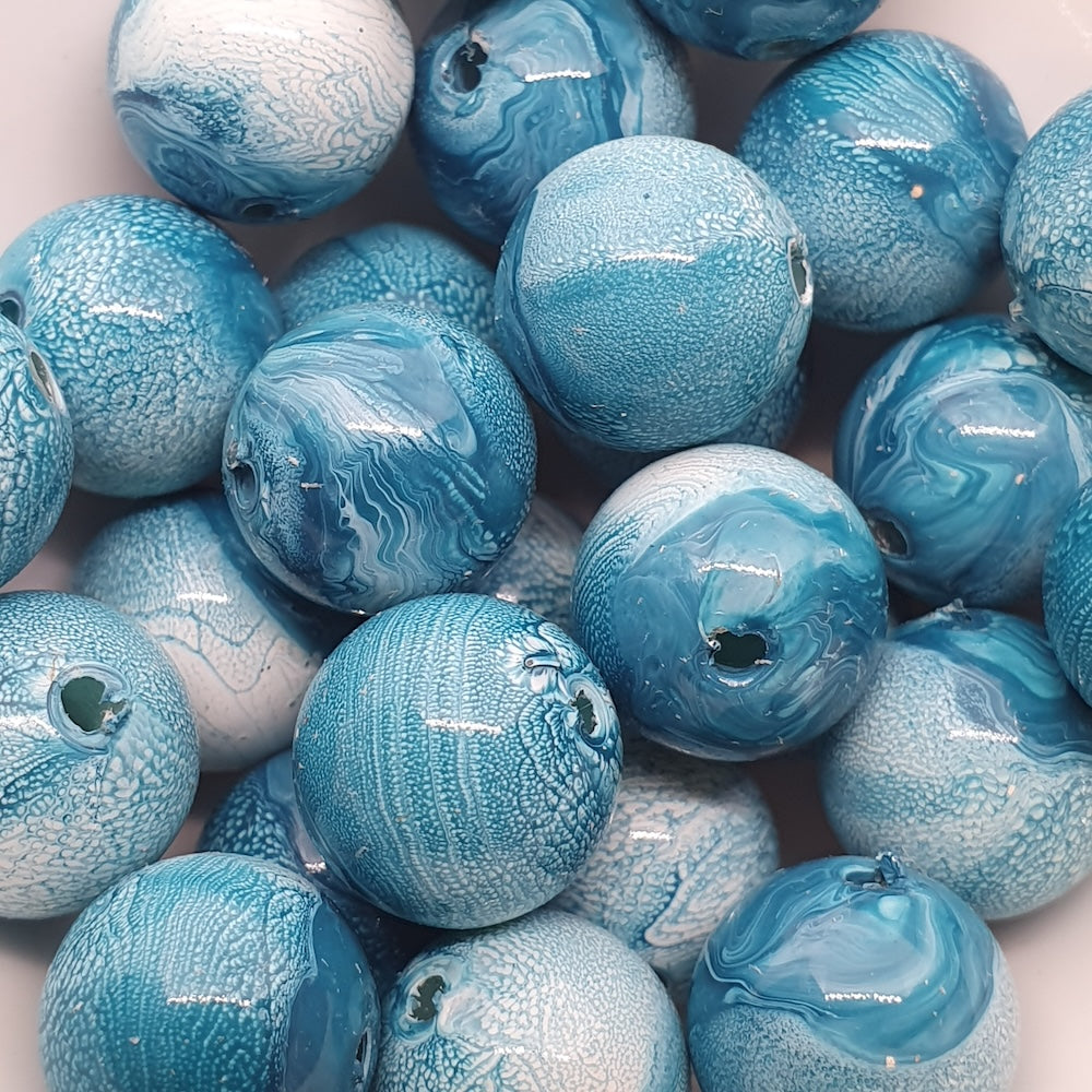 12mm Round (25) - Blue - Vintage Pastel Marbled Effect Beads