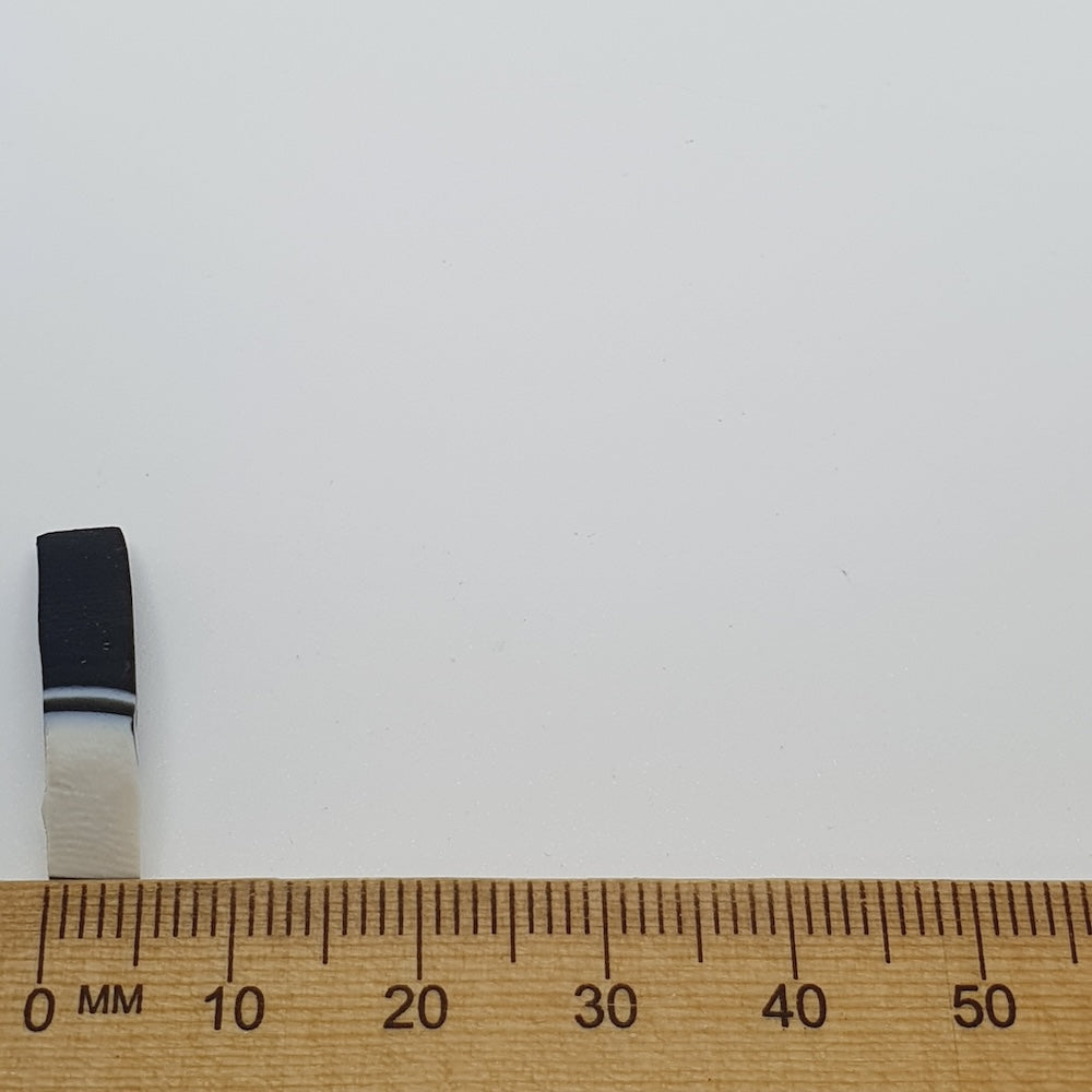 side on photos of a feather bead with black and white bands on a wooden ruler against a white background