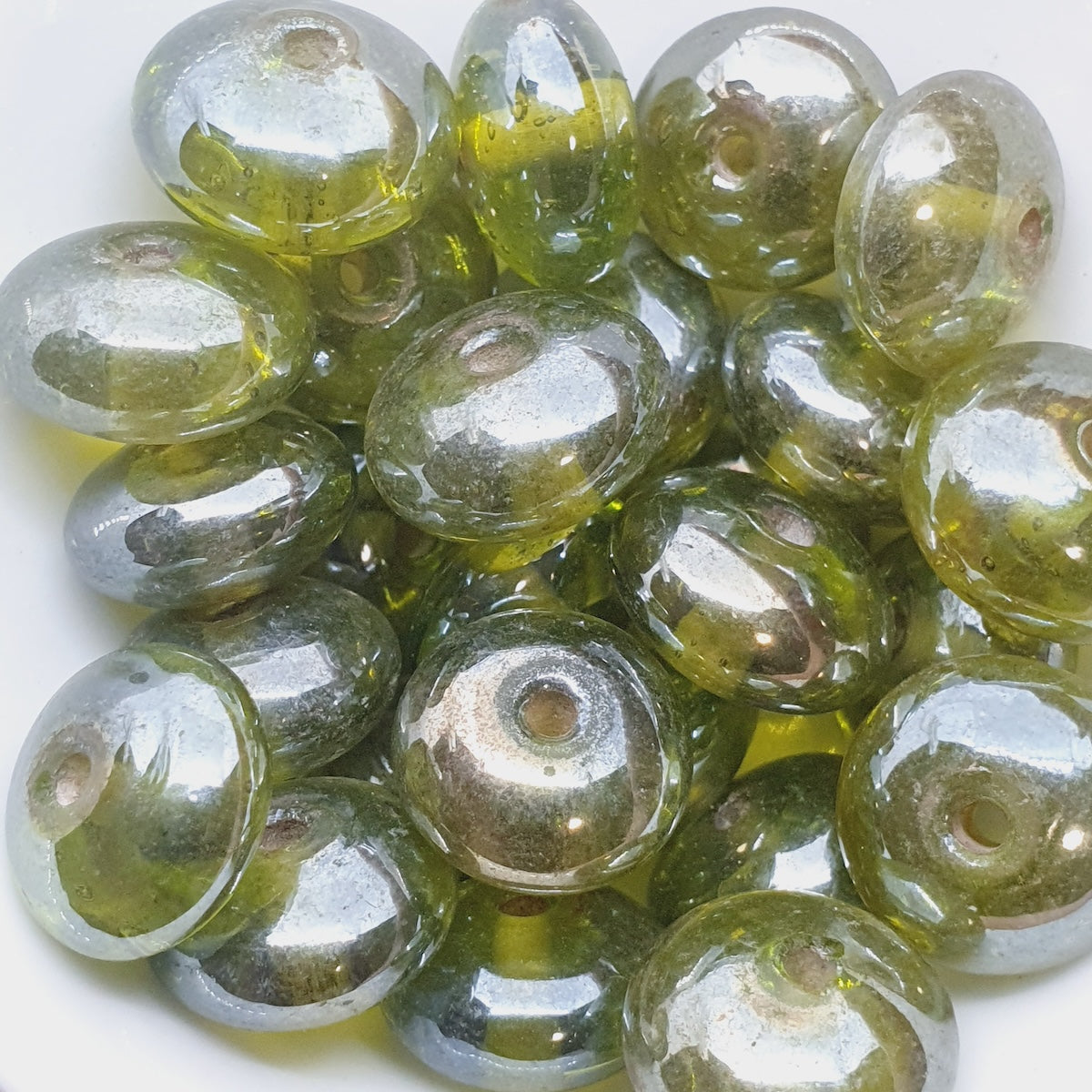 8x14mm Rondelle (25) - Transparent Peridot Green Lustre - Indian Glass Vintage Beads