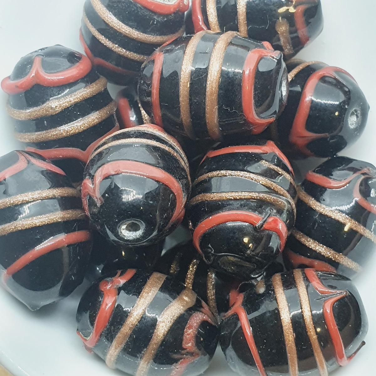 19x14mm Oval (10) - Black Opaque w. Aventurine & Red - Glass Vintage Replica Trade Lampwork Beads