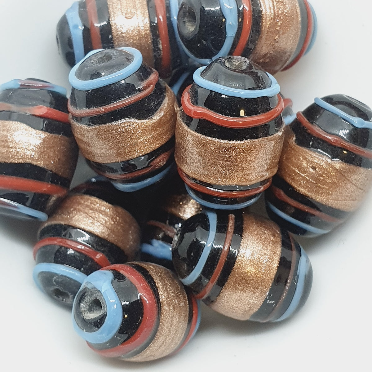 19x14mm Oval (10) - Black Opaque w. Aventurine, Red & Blue - Glass Vintage Replica Trade Lampwork Beads