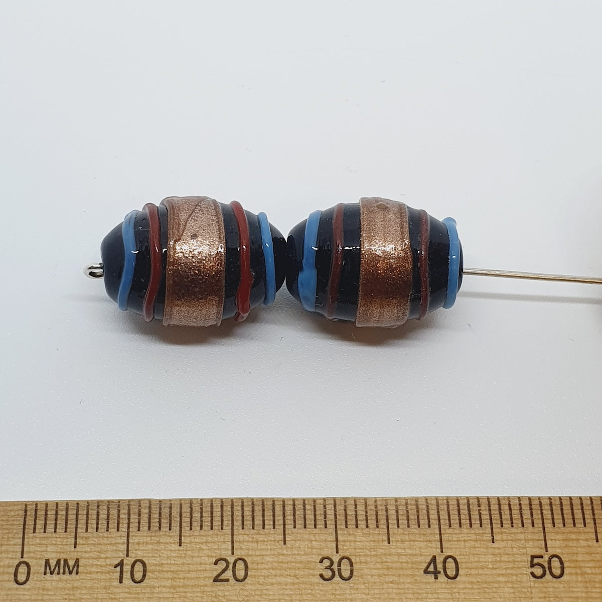 19x14mm Oval (10) - Black Opaque w. Aventurine, Red & Blue - Glass Vintage Replica Trade Lampwork Beads