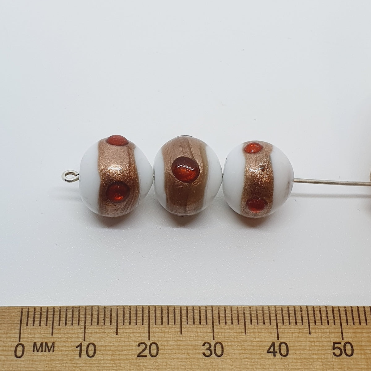 14mm Round (10) - Opaque White w. Aventurine & Orange - Glass Vintage Replica Trade Beads