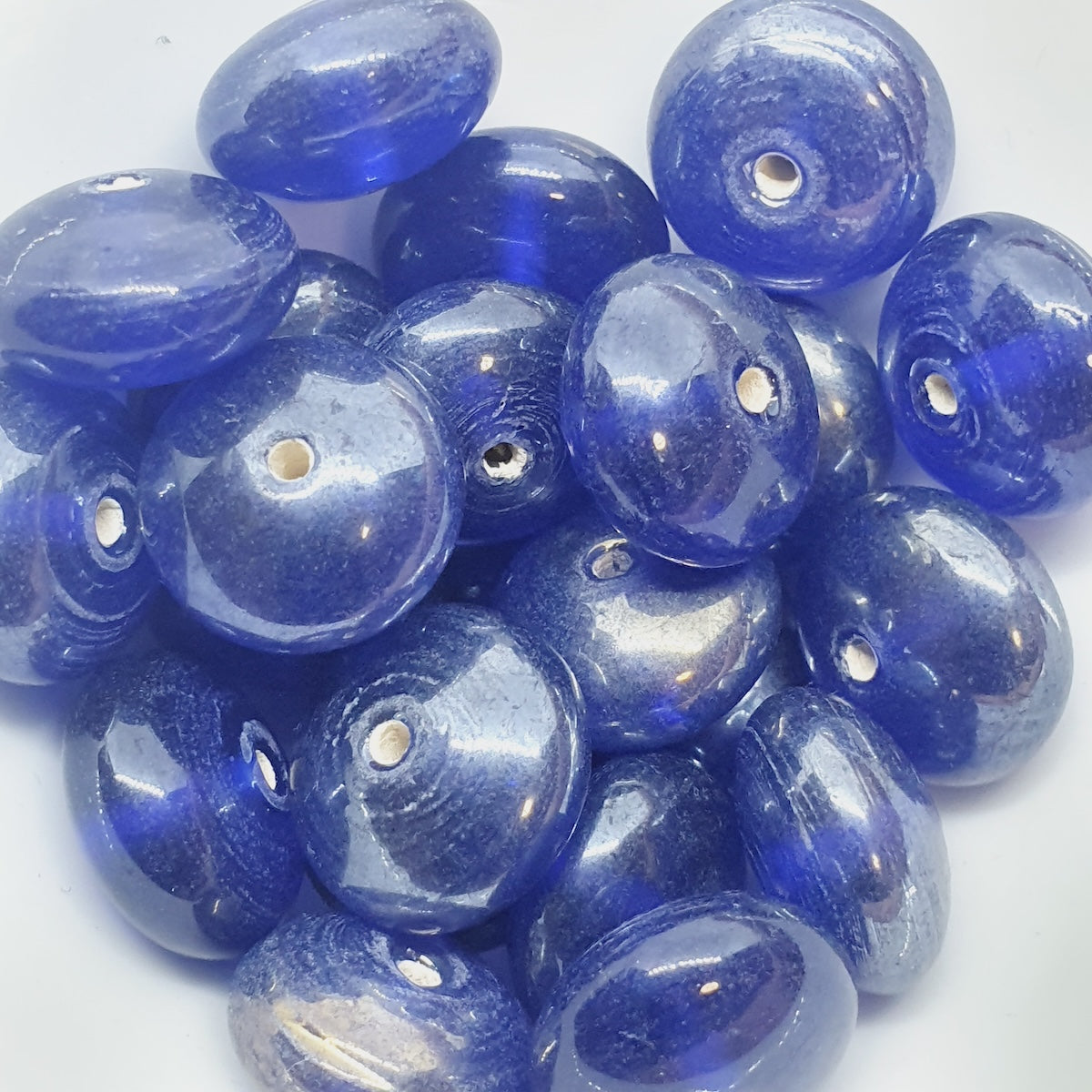 8x14mm Rondelle (25) - Transparent Sapphire Blue w. Gunmetal Lustre - Indian Glass Vintage Beads