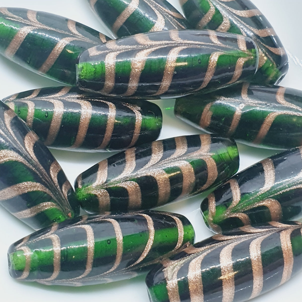 25x10mm Oval (5) - Green Transparent w. Aventurine - Glass Vintage Replica Trade Beads