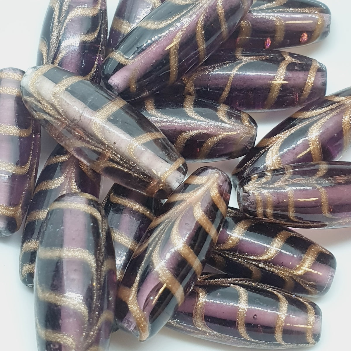 25x10mm Oval (5) - Purple Transparent w. Aventurine - Glass Vintage Replica Trade Beads