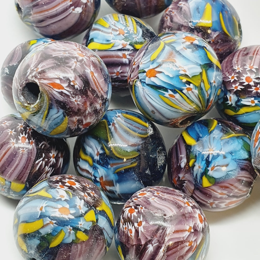 18mm Round (5) - Purple Millefiori (Furnace-Wound) - Glass Vintage Replica Trade Beads