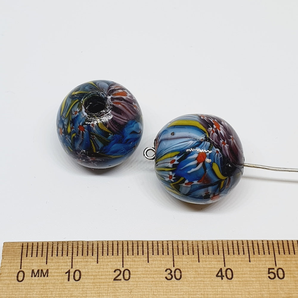 18mm Round (5) - Purple Millefiori (Furnace-Wound) - Glass Vintage Replica Trade Beads