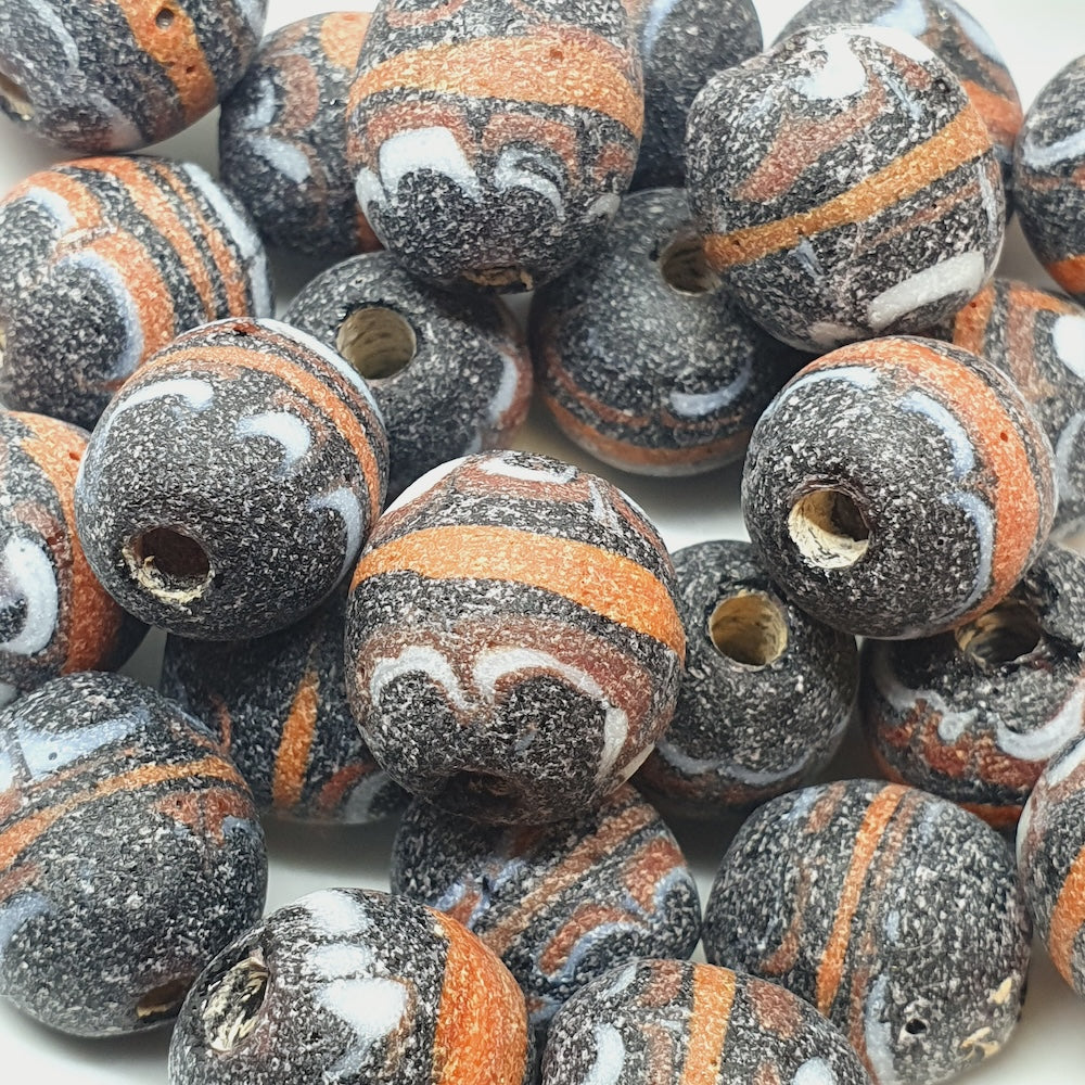17x15mm Oval (5) - Transparent Sand Blasted Brown w. Oange & White - Glass Vintage Replica Trade Beads