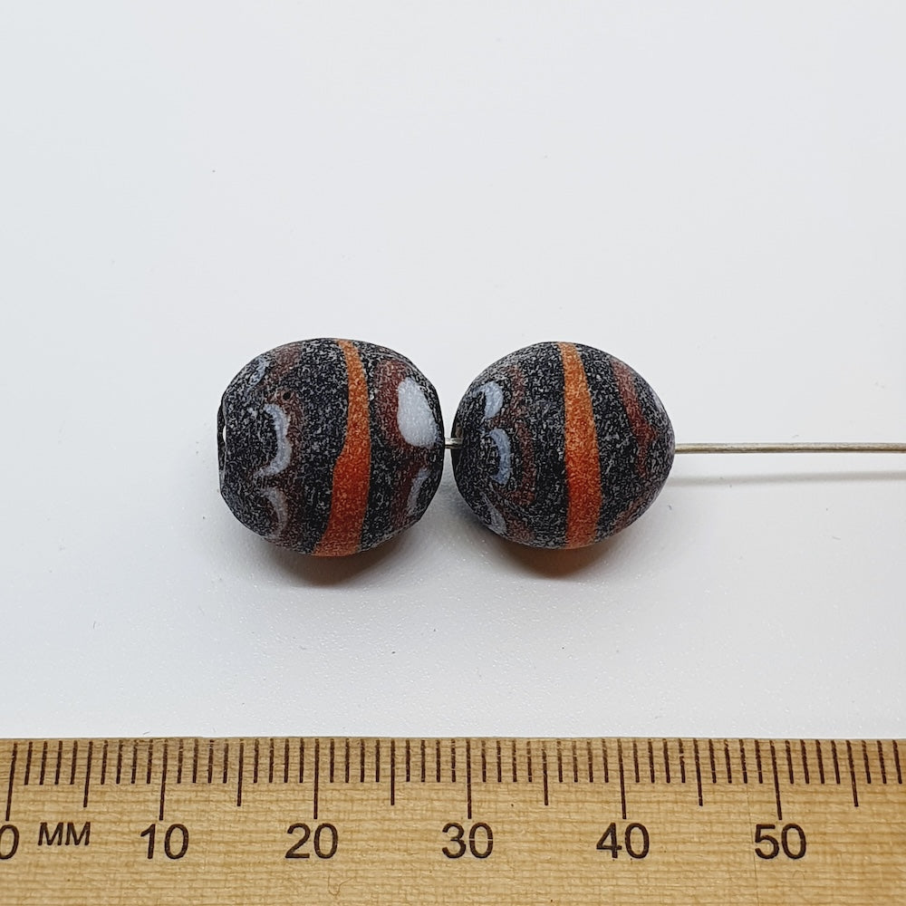 17x15mm Oval (5) - Transparent Sand Blasted Brown w. Oange & White - Glass Vintage Replica Trade Beads
