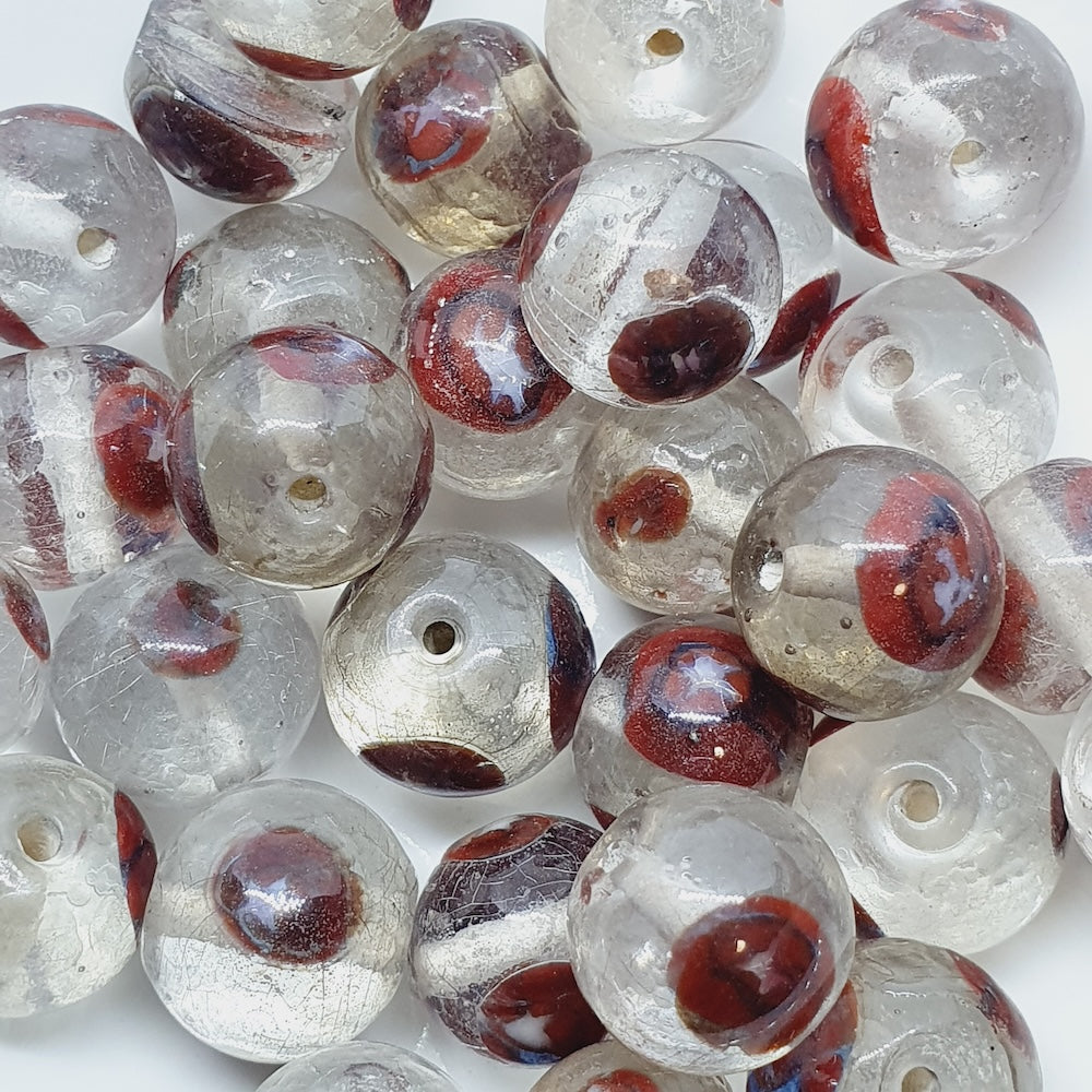 10x11mm Round (10) - Clear w. Red Crumb - Glass Vintage Replica Trade Beads