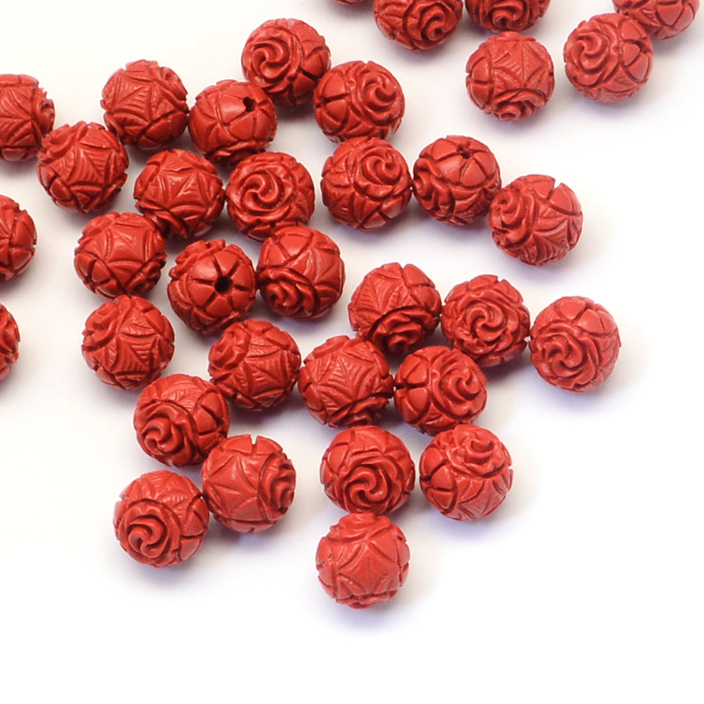 10mm Round (10) - Red - Cinnabar Oriental Carved Bead