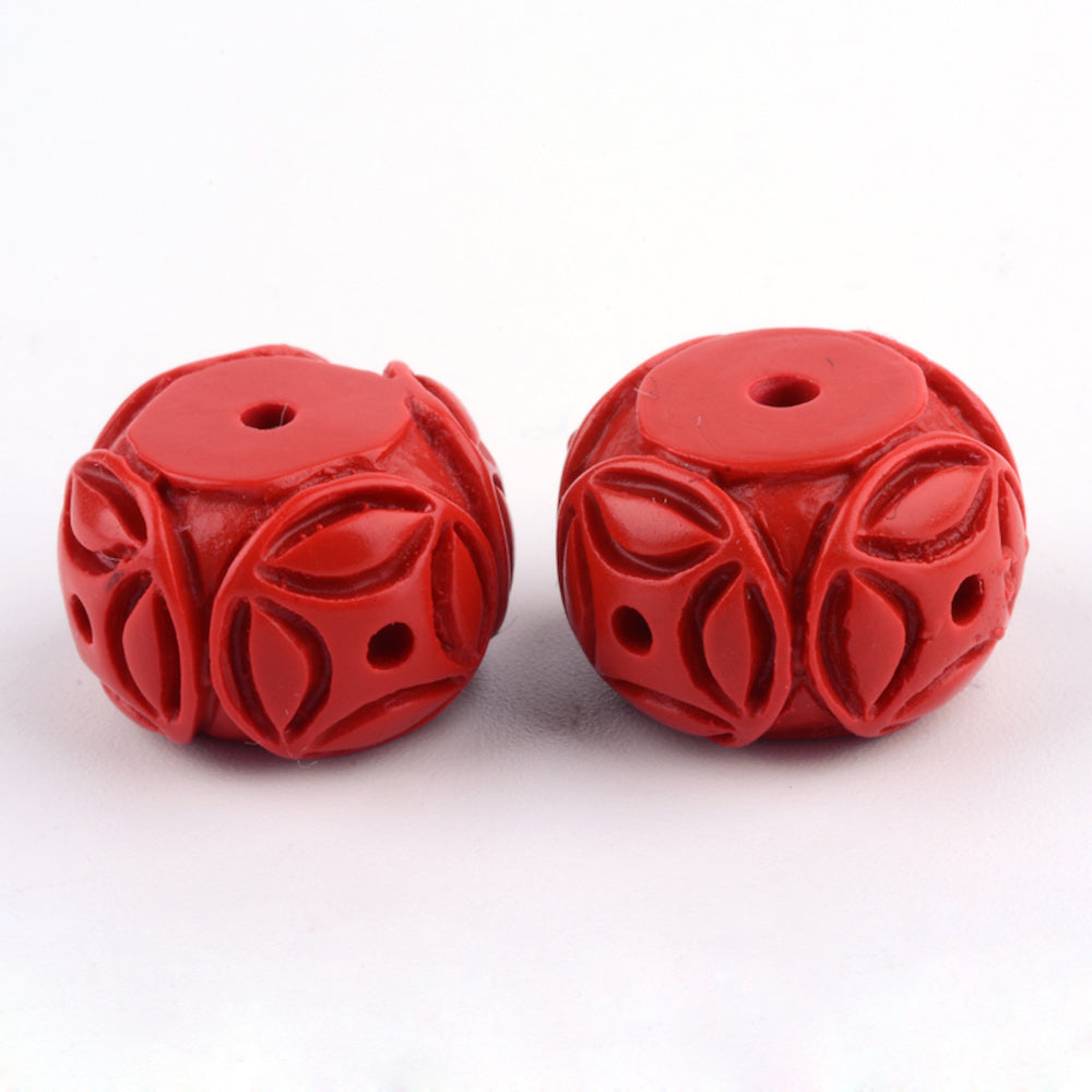 11x16.5mm Drum (5) - Red - Cinnabar Oriental Carved Bead