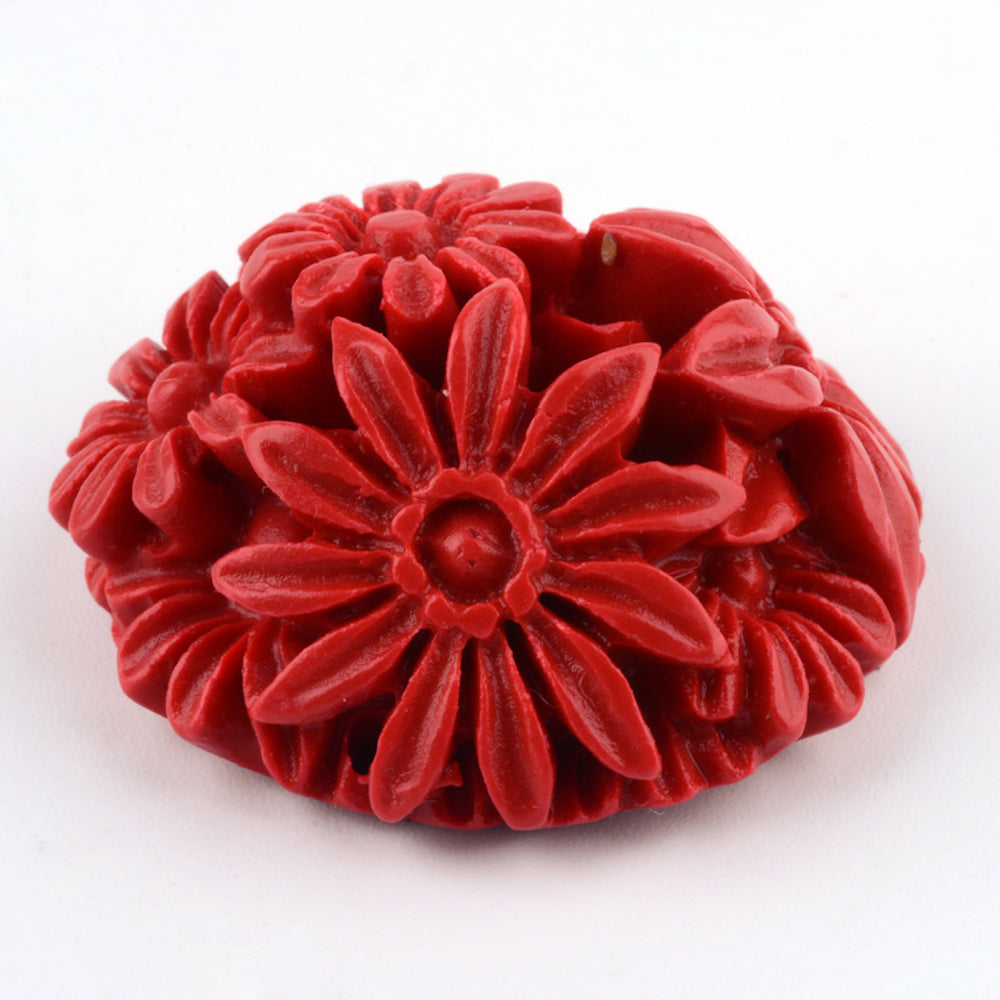 30mm Floral Joiner (1) - Red - Cinnabar Oriental Carved Bead