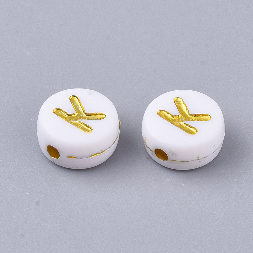 Alphabet Letter Beads (White/Gold) - K