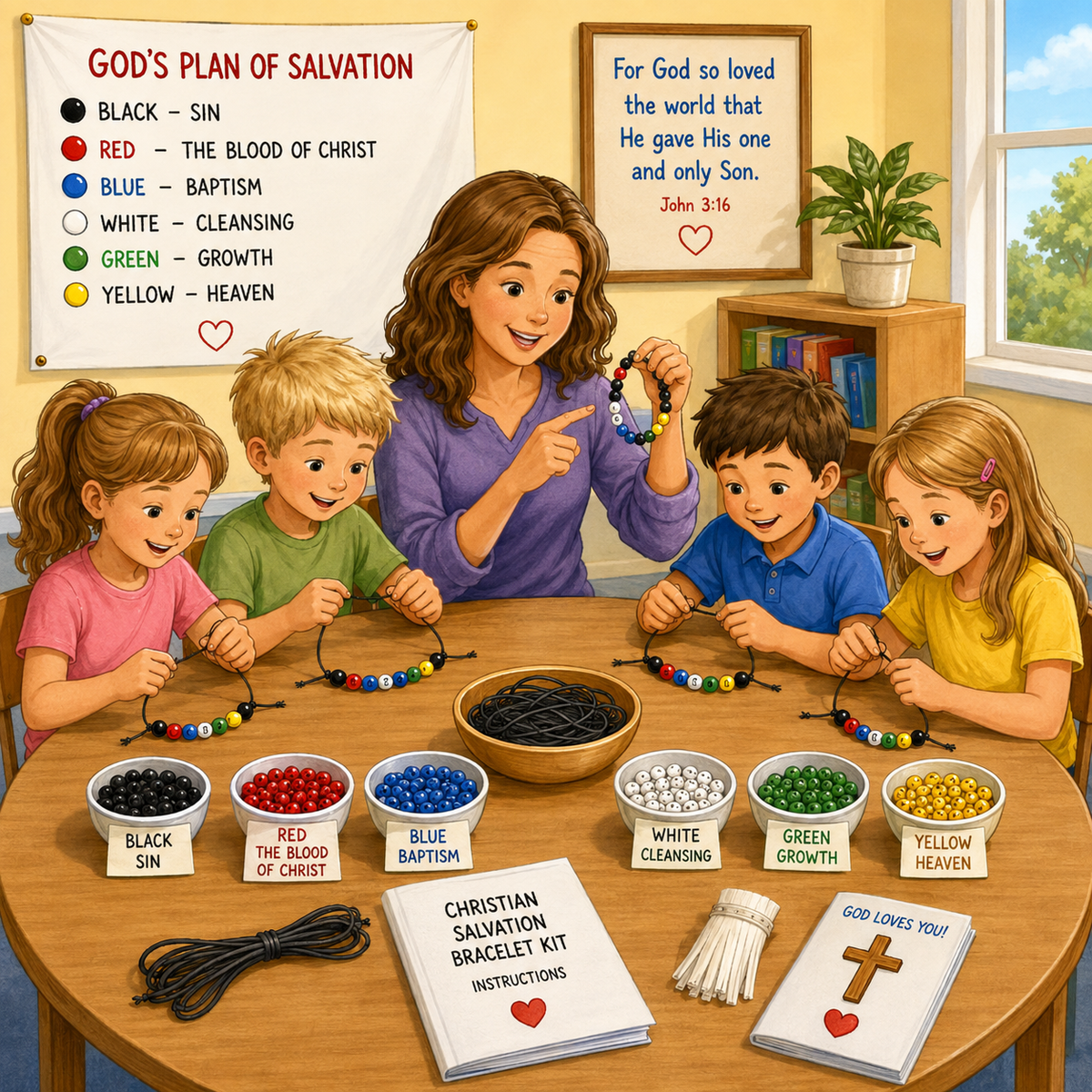 A colorful children's religious activity scene showing a woman and four children making bead bracelets around a table. A white chart on the left explains the colors: black for sin, red for the blood of Christ, blue for baptism, white for cleansing, green for growth, and yellow for heaven. A simple and educational project