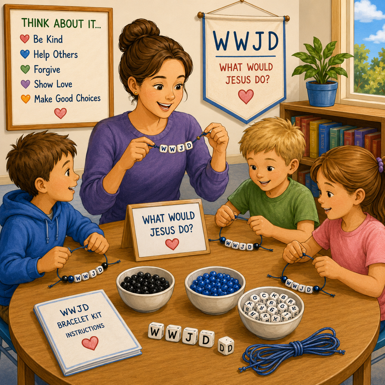 A group crafting scene showing an adult and three children making WWJD bracelet beads at a wooden table, with instruction sheets, bowls of beads, and a 'What Would Jesus Do?' banner on the wall. An easy way to start a conversation on the subject of What Would Jesus Do?