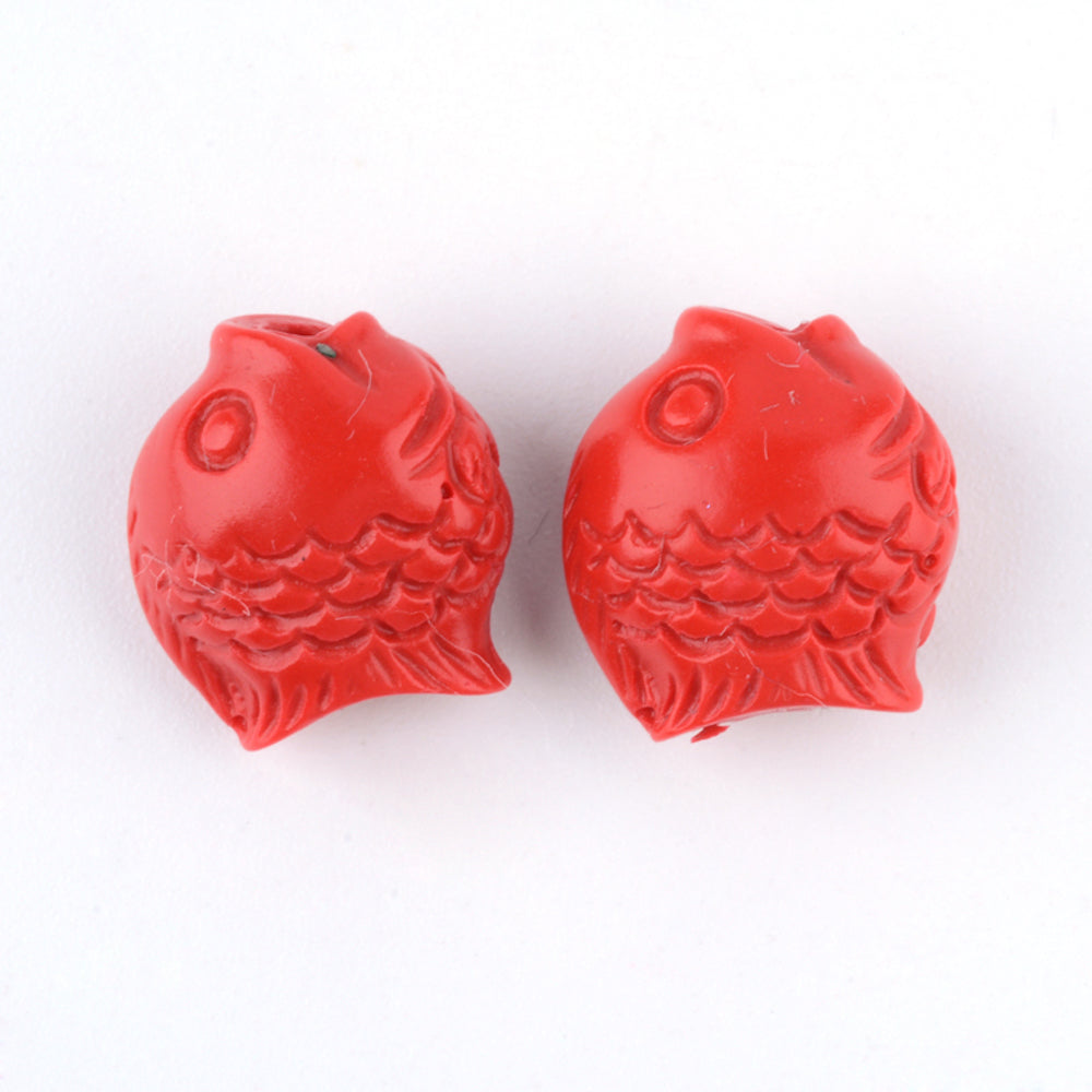 13mm Fish (10) - Red - Cinnabar Oriental Carved Bead