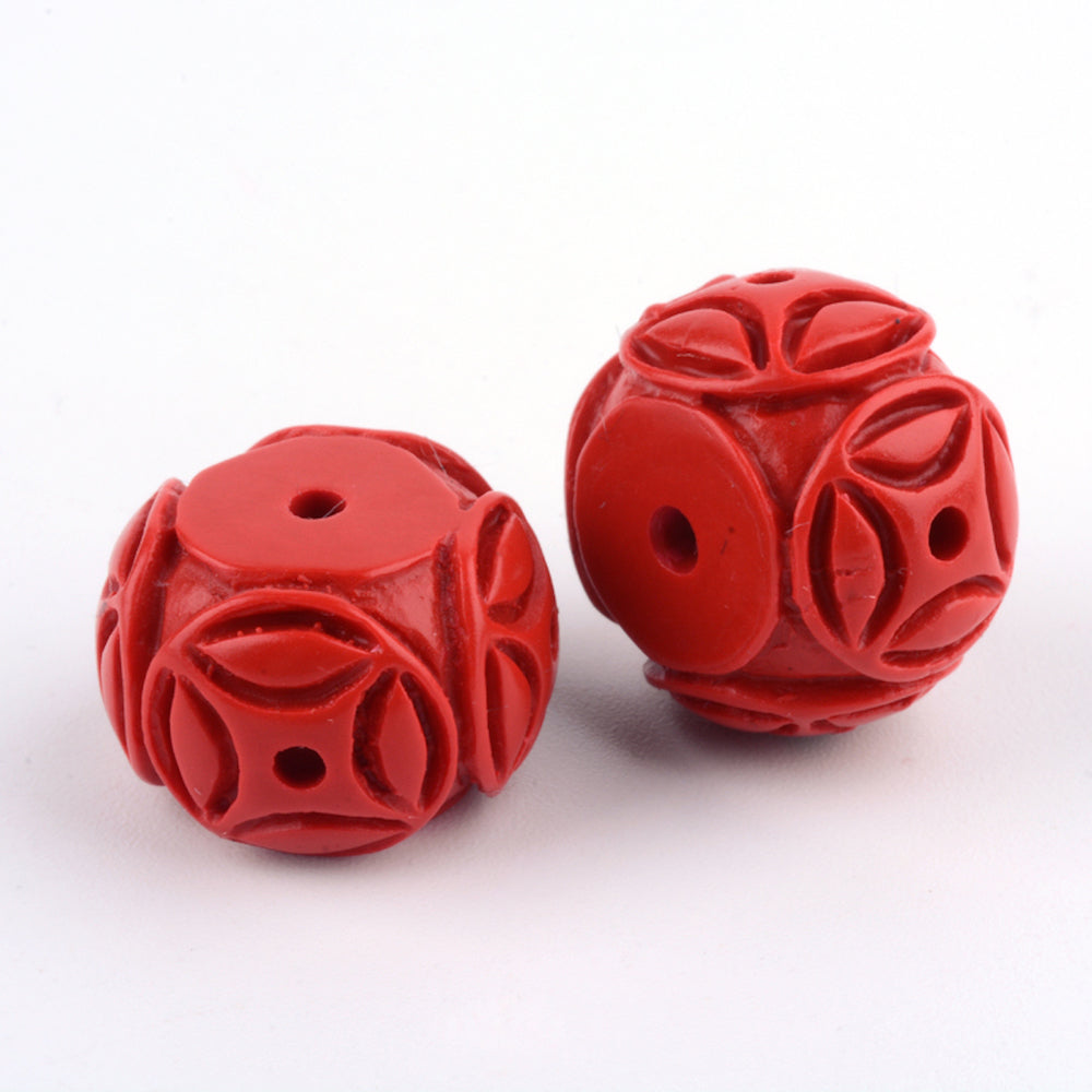 11x16.5mm Drum (5) - Red - Cinnabar Oriental Carved Bead