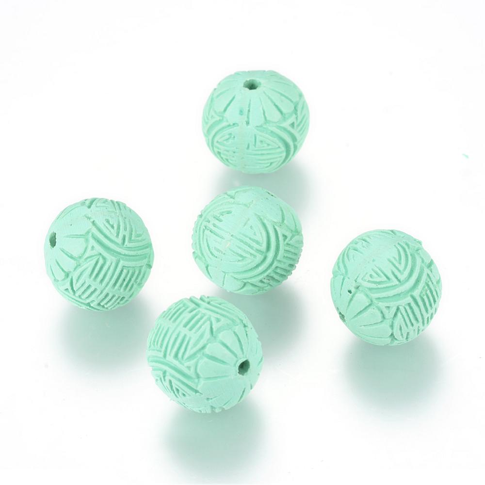 16mm Round (5) - Light Green - Cinnabar Oriental Carved Bead