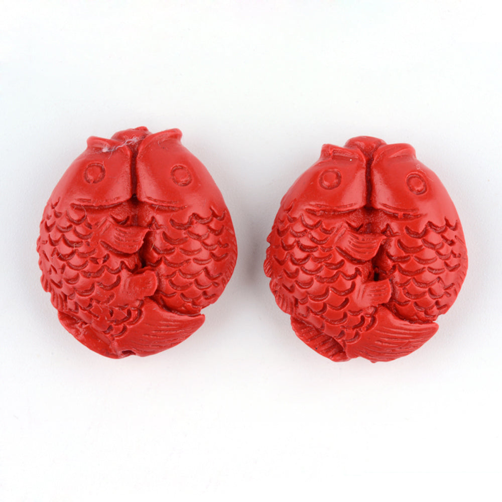 25mm Double Fish (2) - Red - Cinnabar Oriental Carved Bead