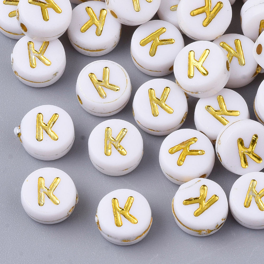 Alphabet Letter Beads (White/Gold) - K