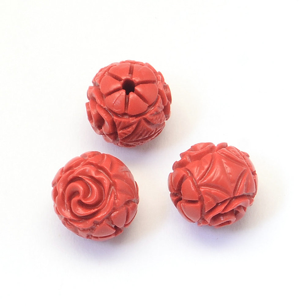 10mm Round (10) - Red - Cinnabar Oriental Carved Bead
