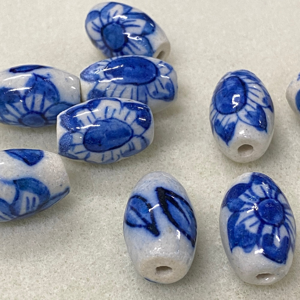 23x15mm Oval (5) - White/Blue - Ceramic Vintage Replica Trade Bead - Bead Shack