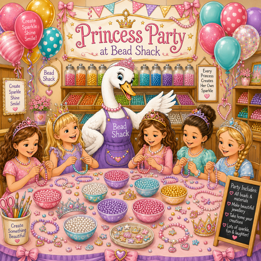 A colorful illustrated scene of a 'Princess Party at Bead Shack' with a white goose in a purple apron, young princess girls wearing tiaras, and shelves of bead jars and bracelets. The image has a playful, fairytale-like aesthetic with pink, purple, and gold tones.