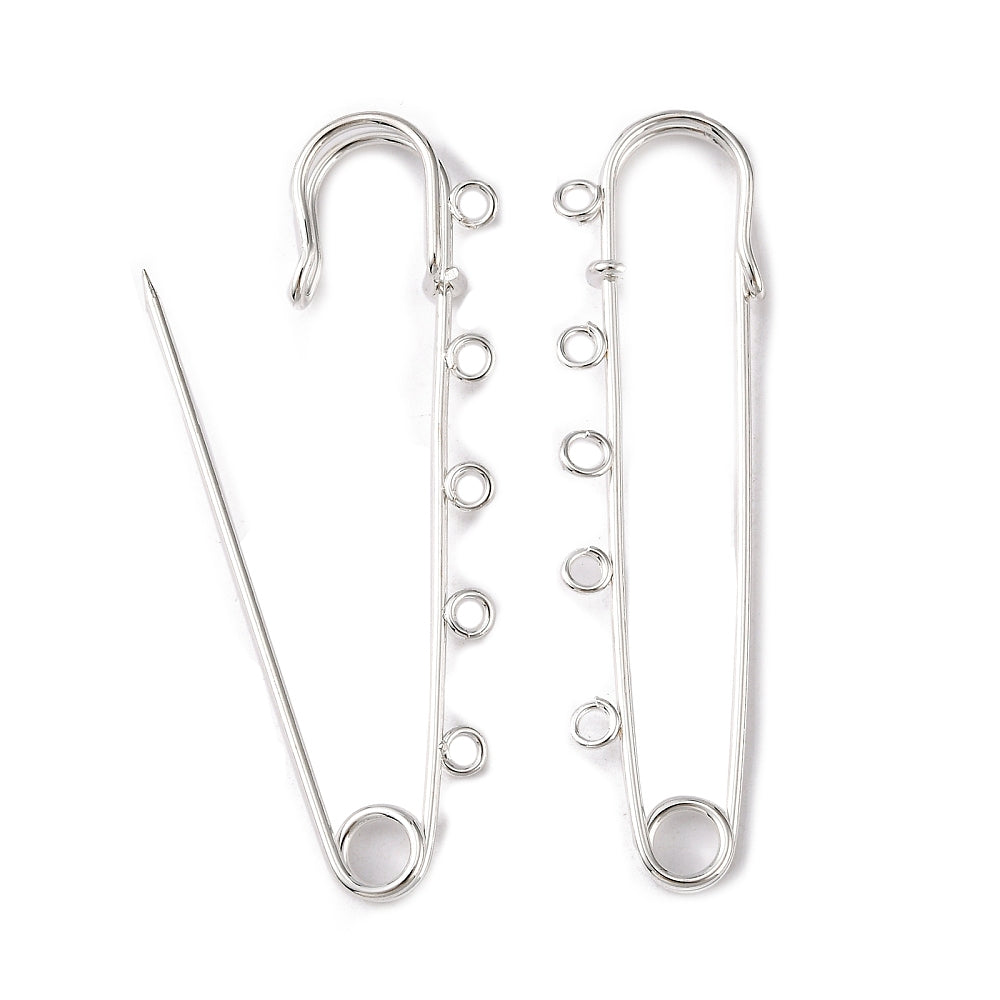 A 75mm long silver-colored kilt pin with multiple loops and a hole at the top for attaching beads or fabric.
