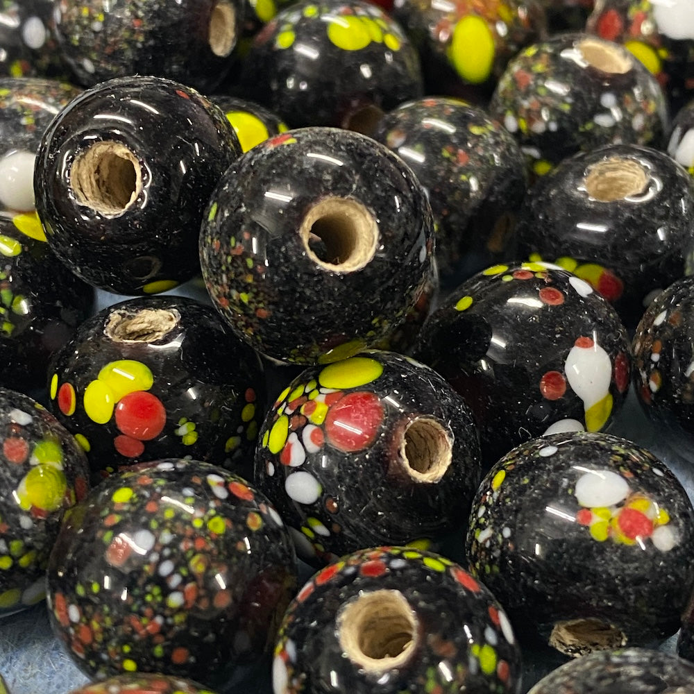 15mm Round (5) - Black Crumb - Glass Vintage Replica Trade Beads