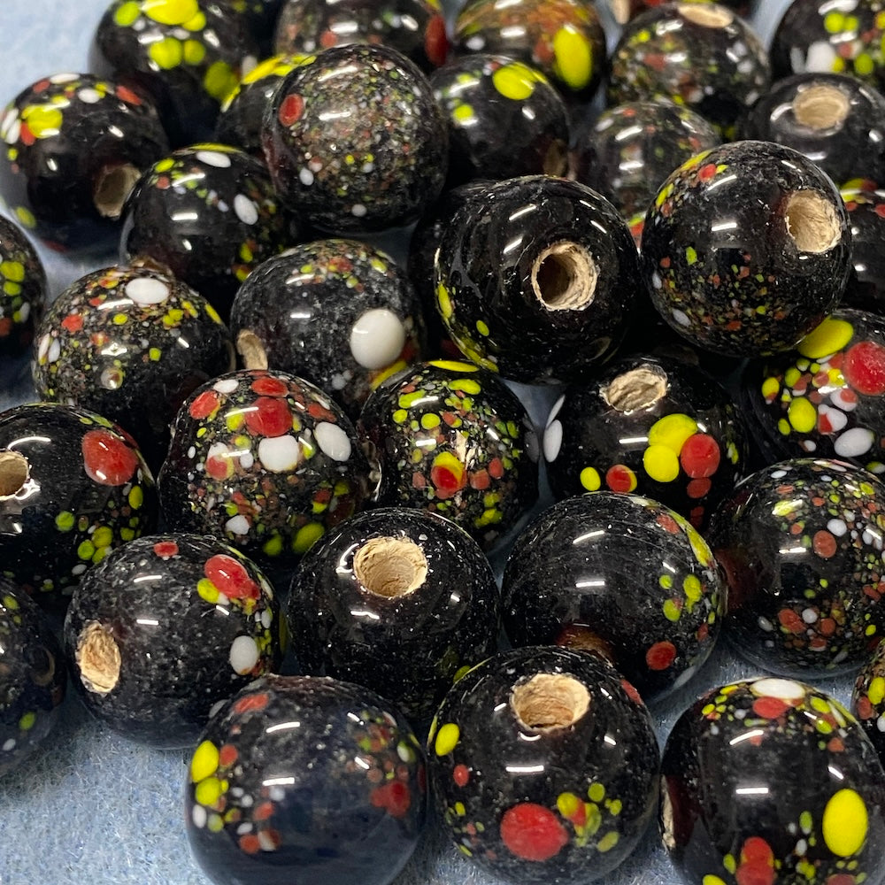15mm Round (5) - Black Crumb - Glass Vintage Replica Trade Beads