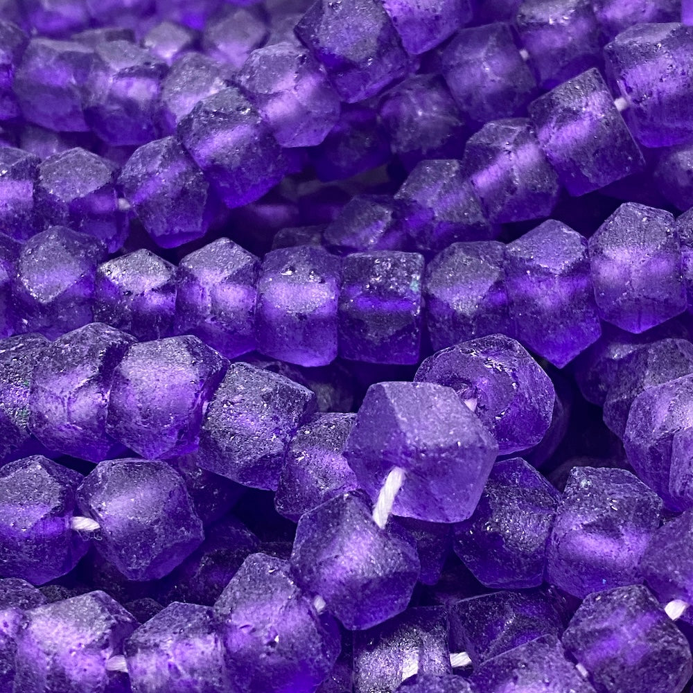 Rondelle - Dark Purple Frosted Transparent - Java Recycled Glass Beads - (1 strand)