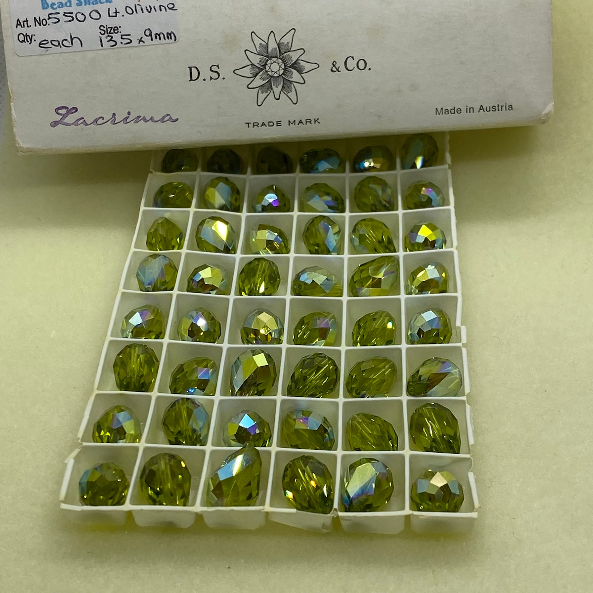 Art. 5500 Light Olivine AB 13.5x9mm Drop (1) - Bead Shack