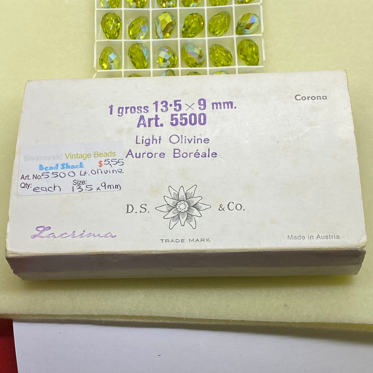 Art. 5500 Light Olivine AB 13.5x9mm Drop (1) - Bead Shack