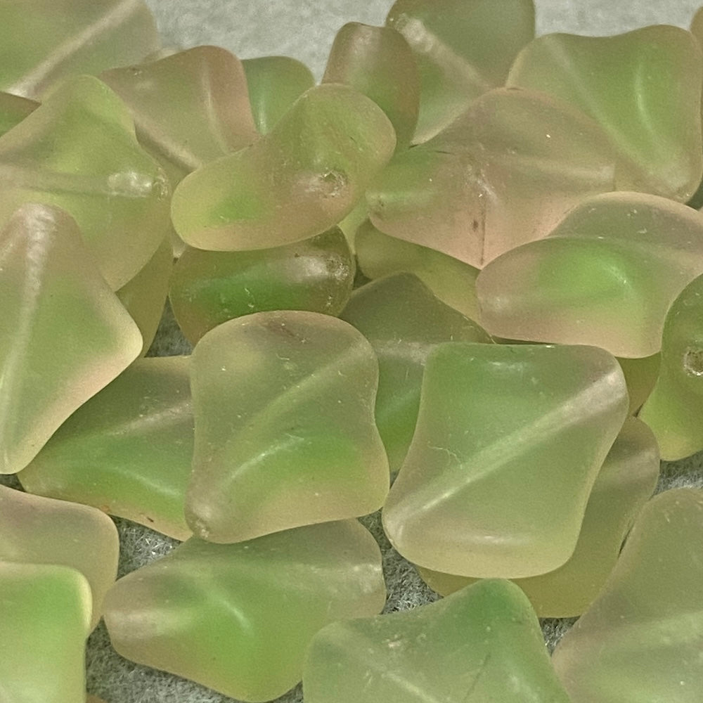 17mm Twisted Diamond (10) - Green/Pink Frosted - Vintage Czech Vaseline Glass Beads - Bead Shack