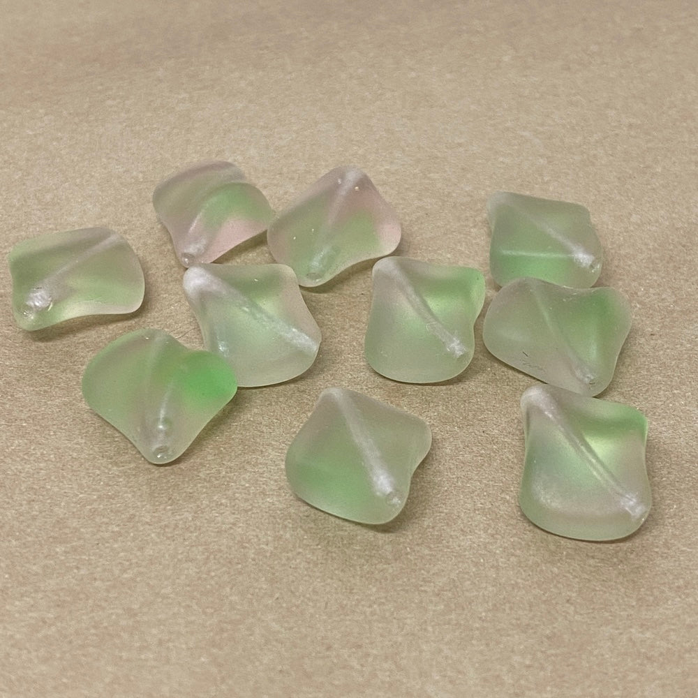 17mm Twisted Diamond (10) - Green/Pink Frosted - Vintage Czech Vaseline Glass Beads - Bead Shack